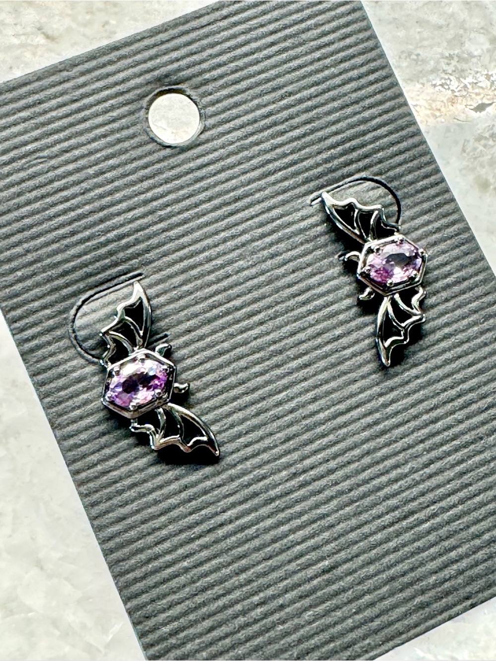 New Spooky Halloween Goth Bats w/ Faceted Purple Crystals Stud Earrings - 0.75”